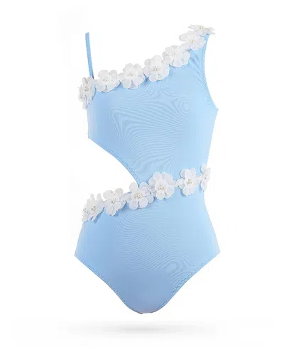 Nessi Byrd Girls' Asymmetric Side Cut-out 3d Floral & Pearl Hardware One-piece Swimsuit - Little Kid, Big Kid In Blue