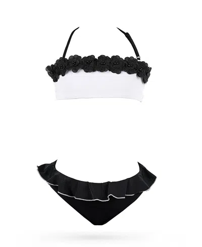Nessi Byrd Girls' Bandeau 3d Floral Appliquas Two-piece Swimsuit - Little Kid, Big Kid In Black