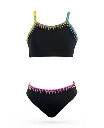 Nessi Byrd Girls' Bandeau Embroidery Trim Two-piece Swimsuit - Little Kid, Big Kid In Black