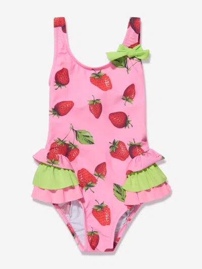 Nessi Byrd Kids' Cara Strawberry-print Ruffle Swimsuit In Pink