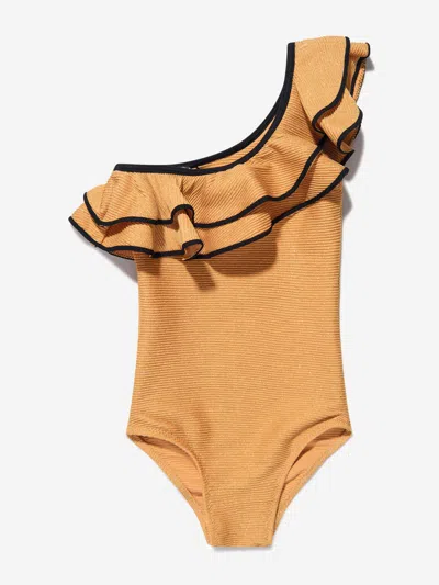 Nessi Byrd Kids' Girls Glitter One Shoulder Ruffle Eliza Swimsuit In Brown