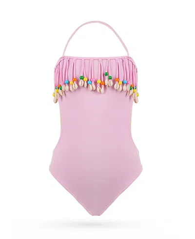 Nessi Byrd Girls' Halter Neck Cowrie Shell Fringe And Colorful Beads One-piece Swimsuit - Little Kid, Big Kid In Pink