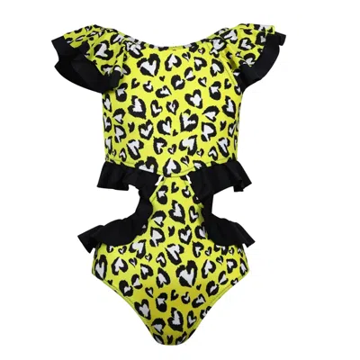 Nessi Byrd Kids' Girls Heart Print Swimsuit With Ruffles In Green
