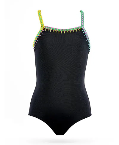 Nessi Byrd Girls' Multi-color Embroidery Trim One-piece Swimsuit- Little Kid, Big Kid In Black