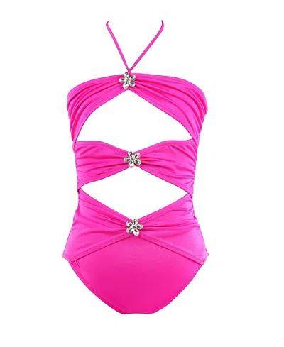 Nessi Byrd Girls' Multi-cutout Detail Rhinestone Floral Brooches One-piece Swimsuit - Little Kid, Big Kid In Pink