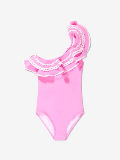 Nessi Byrd Kids' Ruffled One-shouder Swimswuit In Pink