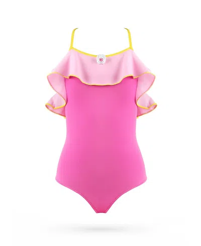 Nessi Byrd Girls' Ruffle With Hand-knitted Flower Appliqua One-piece Swimsuit - Little Kid, Big Kid In Pink