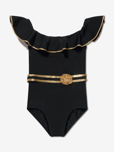 Nessi Byrd Babies' Girls Ruffled Crochet Flower Terry Swimsuit In Black