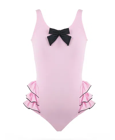 Nessi Byrd Girls' Scoop-neck Bow Appliqua Triple-tiered Ruffle One-piece Swimsuit- Little Kid, Big Kid In Pink