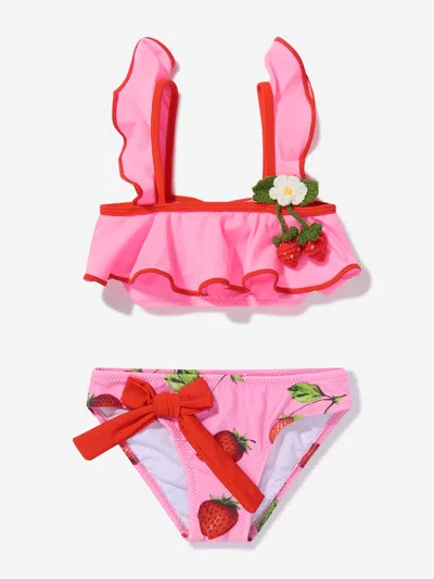 Nessi Byrd Kids' Arina Strawberry-print Ruffle Bikini In Pink
