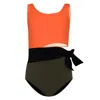 Nessi Byrd Girls Scoop Back Swimsuit In Orange/navy Green In Multi