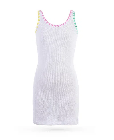 Nessi Byrd Girls' Textured With Multi-color Whip-stitch Trim Tank Dress - Little Kid, Big Kid In White