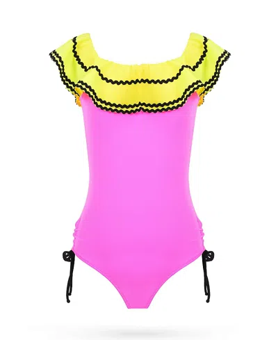Nessi Byrd Girls' Vibrant Ruffle Ruched Side Ties One-piece Swimsuit- Little Kid, Big Kid In Multi