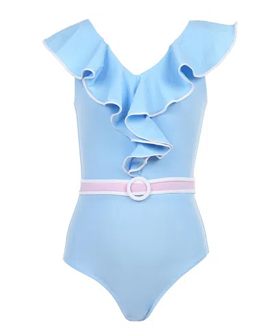 Nessi Byrd Girls' V-neck Ruffles And Belted Waist One-piece Swimsuit- Little Kid, Big Kid In Blue