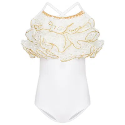 Nessi Byrd Kids' Girls White One Piece Swimsuit With Crochet Ruffles