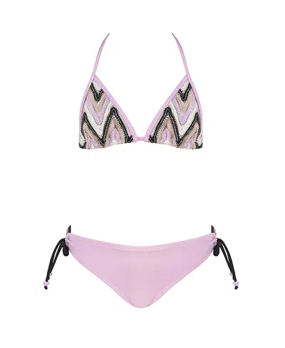 Nessi Byrd Girls' Zig-zag Knit Triangle With Adjustable Beaded Ties Two-piece Swimsuit - Little Kid, Big Kid In Pink