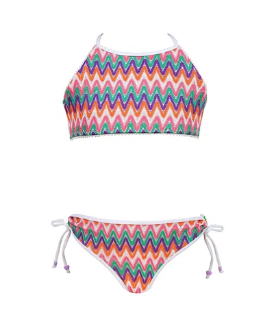 Nessi Byrd Girls' Zig-zag Knit With High-neck Halter And Side-ties Two-piece Swimsuit - Little Kid, Big Kid In Multi