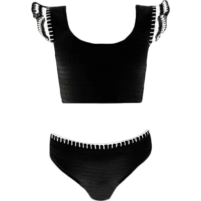 Nessi Byrd Hand-knitted Ruffle Lacework Detail Two Piece Bikini, Litte Kid-big Kid In Black