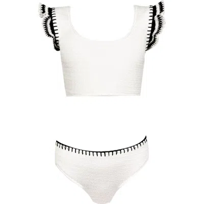 Nessi Byrd Hand-knitted Ruffle Lacework Detail Two Piece Bikini, Litte Kid-big Kid In White