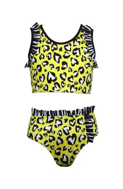 Nessi Byrd Kid's Heart Print Ruffle Detail Two Piece Bikini In Yellow