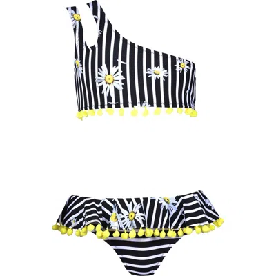 Nessi Byrd Kids' Double Straps Daisy Print Pom-pom Detail Two Piece Bikini In Multi