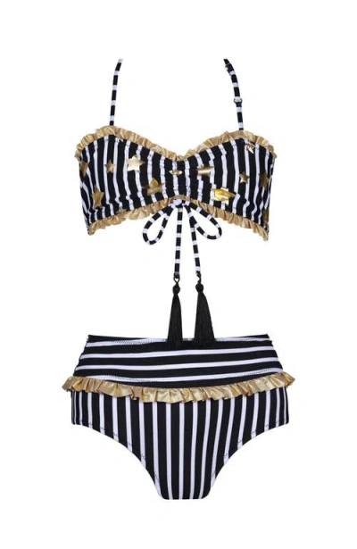 Nessi Byrd Kids' Gold Star Print Stripe Two Piece Bikini In Black