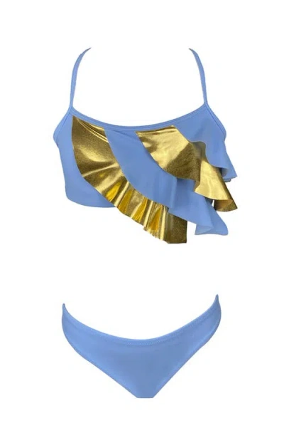Nessi Byrd Kids' Multi-layered Gold Detail Ruffle Two-piece Bikini