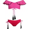 Nessi Byrd Kids' Off-shoulder Bikini With Gathered Front & Tassel Ties In Pink