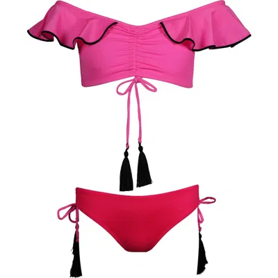 Nessi Byrd Kids' Off-shoulder Bikini With Gathered Front & Tassel Ties In Pink