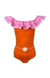 Nessi Byrd Kids' Off Shoulder Crochet Flower Belt One-piece Swimsuit