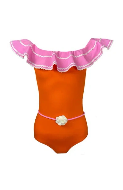 Nessi Byrd Kids' Off Shoulder Crochet Flower Belt One-piece Swimsuit