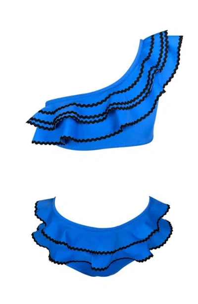 Nessi Byrd Kids' One Shoulder Multi-layered Ruffle Blue Two-piece Bikini