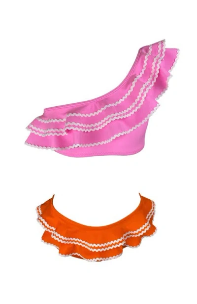 Nessi Byrd Kids' One Shoulder Pink-orange Multi-layered Ruffle Two-piece Swimsuit
