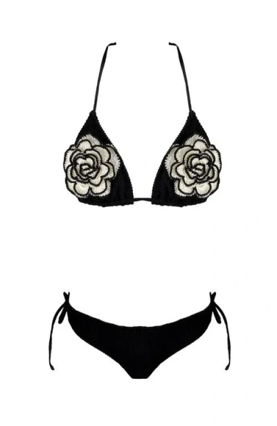 Nessi Byrd Kids' Triangle Hand-made Crochet Flower Detail Two-piece Swimsuit