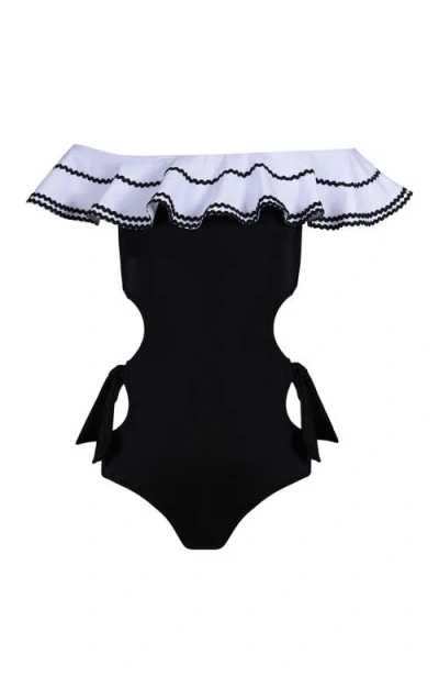 Nessi Byrd Off-shoulder Cut-out Ruffled One-piece Swimsuit, Little Kid-big Kid In Black
