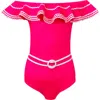Nessi Byrd Off Shoulder Ruffle Ric-rac Trim One Piece Swimsuit, Little Kid-big Kid In Pink