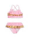 Nessi Byrd River Floral-crochet Ruffle Bikini In 粉色