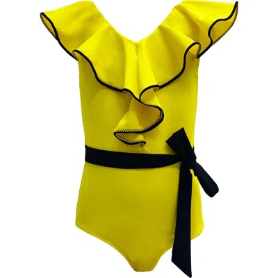 Nessi Byrd Kids'  Ruffled V-neck Belted One-piece Swimsuit In Yellow