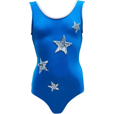 Nessi Byrd Kids'  Sequin Star Appliqué With Metallic Trim One-piece Swimsuit In Blue