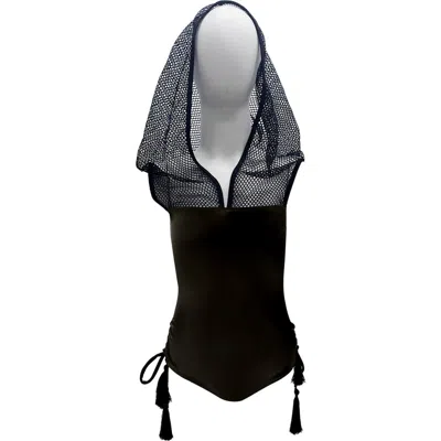 Nessi Byrd Kids'  Sport Mesh Hooded With Tassel Side-ties One-piece Swimsuit In Black