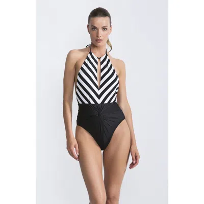 Nessi Byrd Striped Plunging Keyhole Detail Ruched High-waist Illusion One-piece Swimsuit In Multi