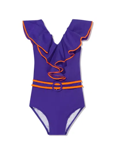 Nessi Byrd Kids' V-neck Belted Swimsuit In Purple