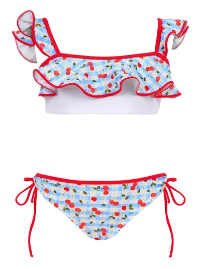 Nessi Byrd Kids' Zola Ruffled Cherry-print Bikini In Blue
