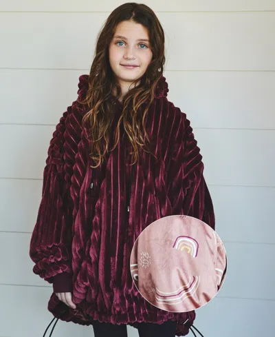 Nestl Oversized Wearable Reversible Color Kids Blanket, 31.5" X 42.8" In Burgundy,rainbow