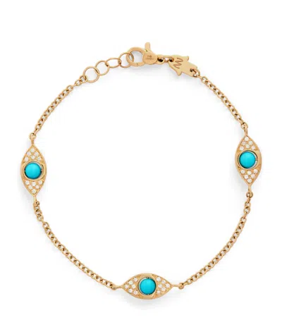 Netali Nissim Yellow Gold, Turquoise And Diamond Three Eye Bracelet