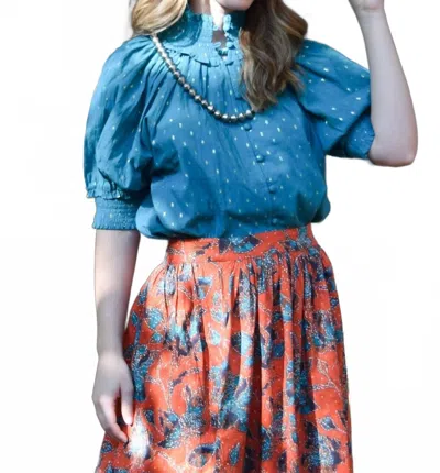 Never A Wallflower Gathered Button Down Top In Alexandrite Metallic Dot In Blue