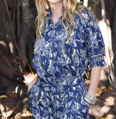 Never A Wallflower Gathered Neck Button Down Top In Shibori Rose Navy In Multi
