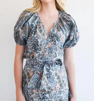 Never A Wallflower Gathered V-neck Top In Blue Floral