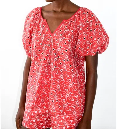 Never A Wallflower Gathered V-neck Top In Red Eyelet In Multi