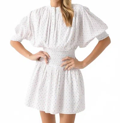 Never A Wallflower Smocked Waist Dress In Primary Swiss Dot In White